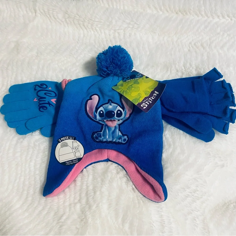 Disney Stitch Blue and Pink Kids Winter Hat and Gloves